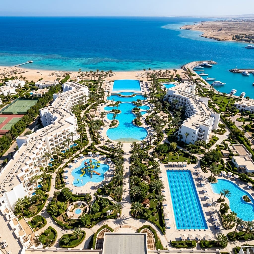 Aerial view of a large resort compound with multiple ARC Group pools