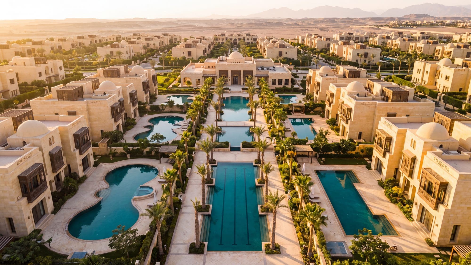 An Egyptian residential compound from the air, several pools among the villas.