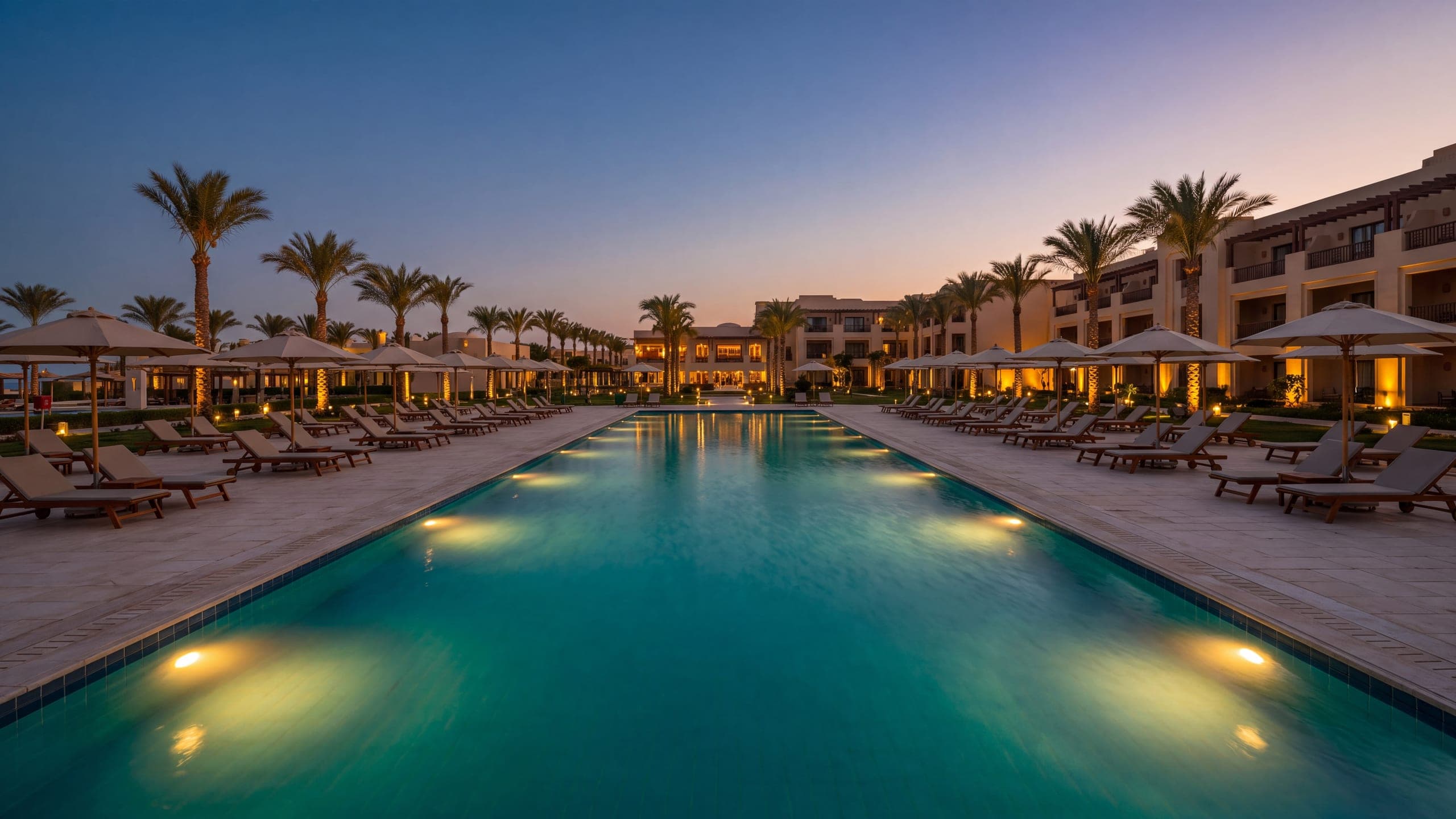 A commercial-scale resort pool at dusk, lit along its full length.