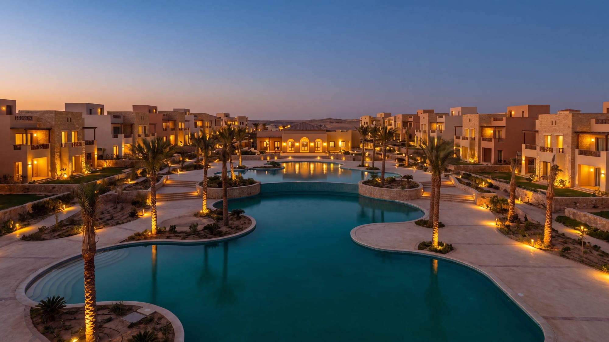 A multi-building development at dusk, several pools lit among the villas.