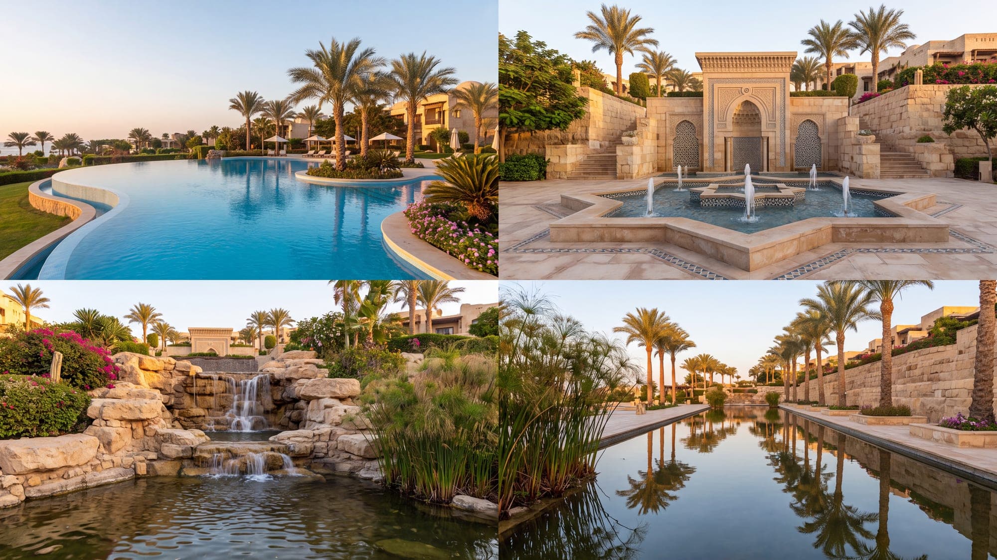 A resort landscape with a pool, a fountain, a waterfall and a reflecting pool.