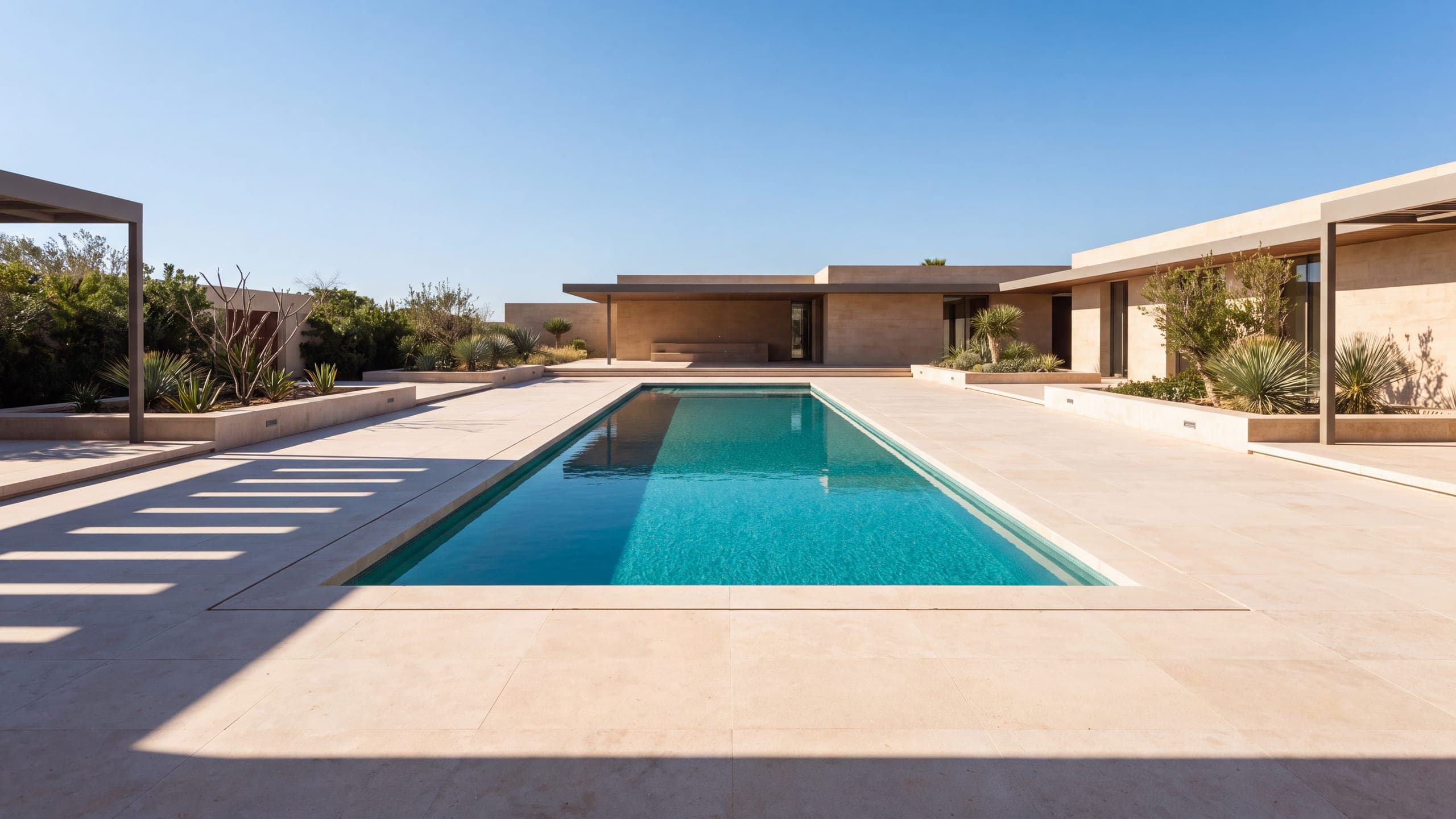 A clean modern rectangular pool on a bright clear day.