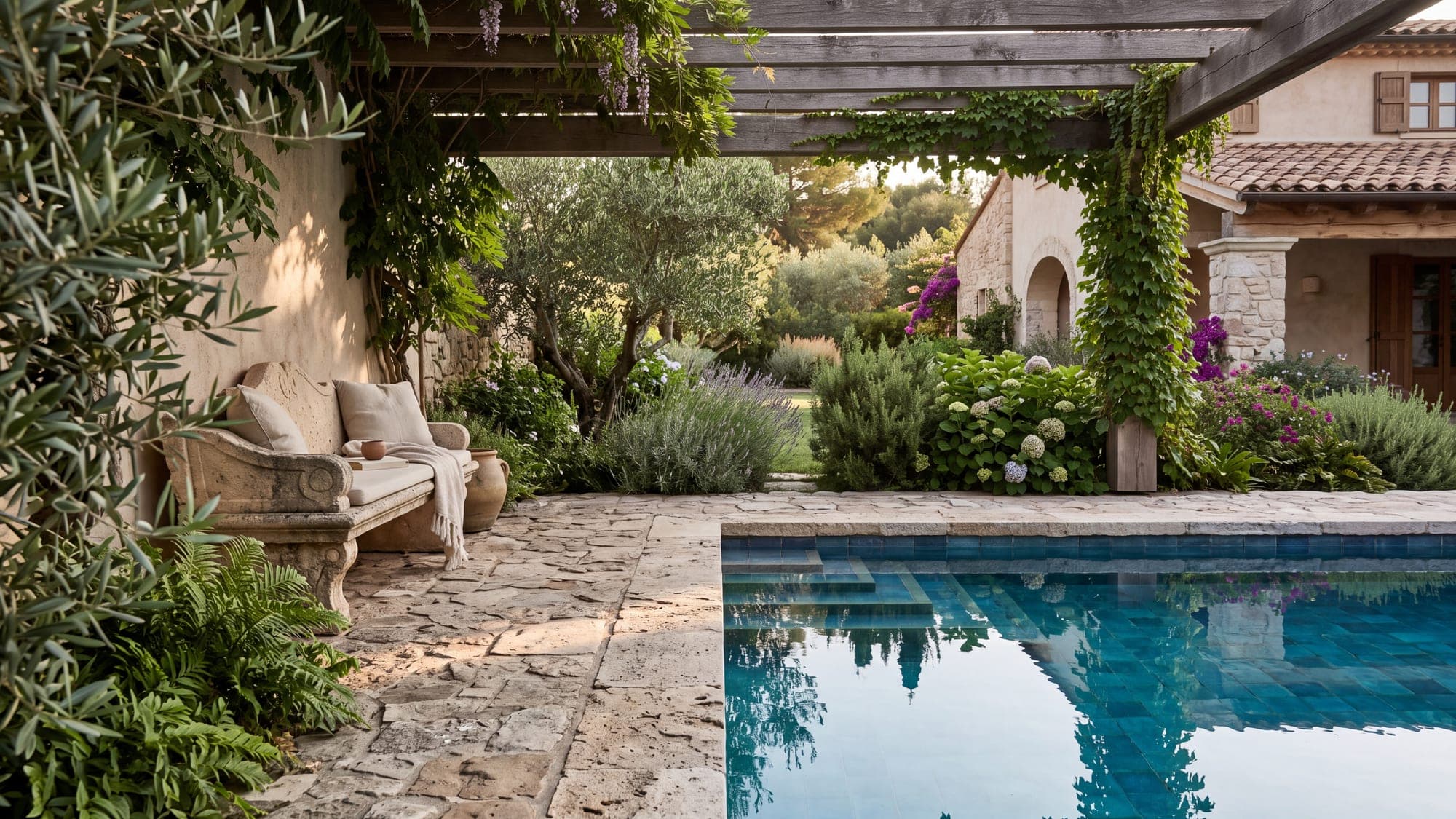 A quiet shaded corner of a villa pool, the water perfectly still.