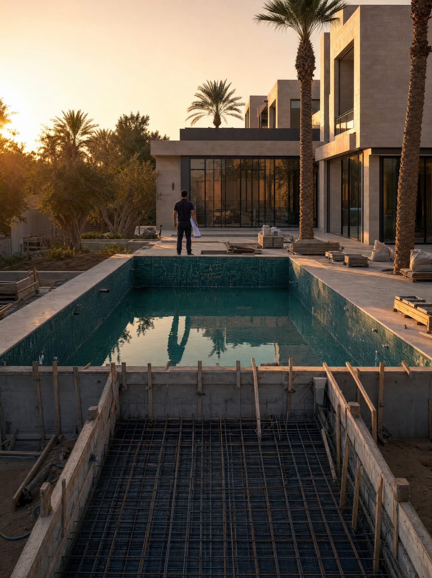 A pool mid-build at dusk: steel reinforcement and shuttering in the foreground, the finished half already tiled and filled, an ARC engineer with drawings at the edge