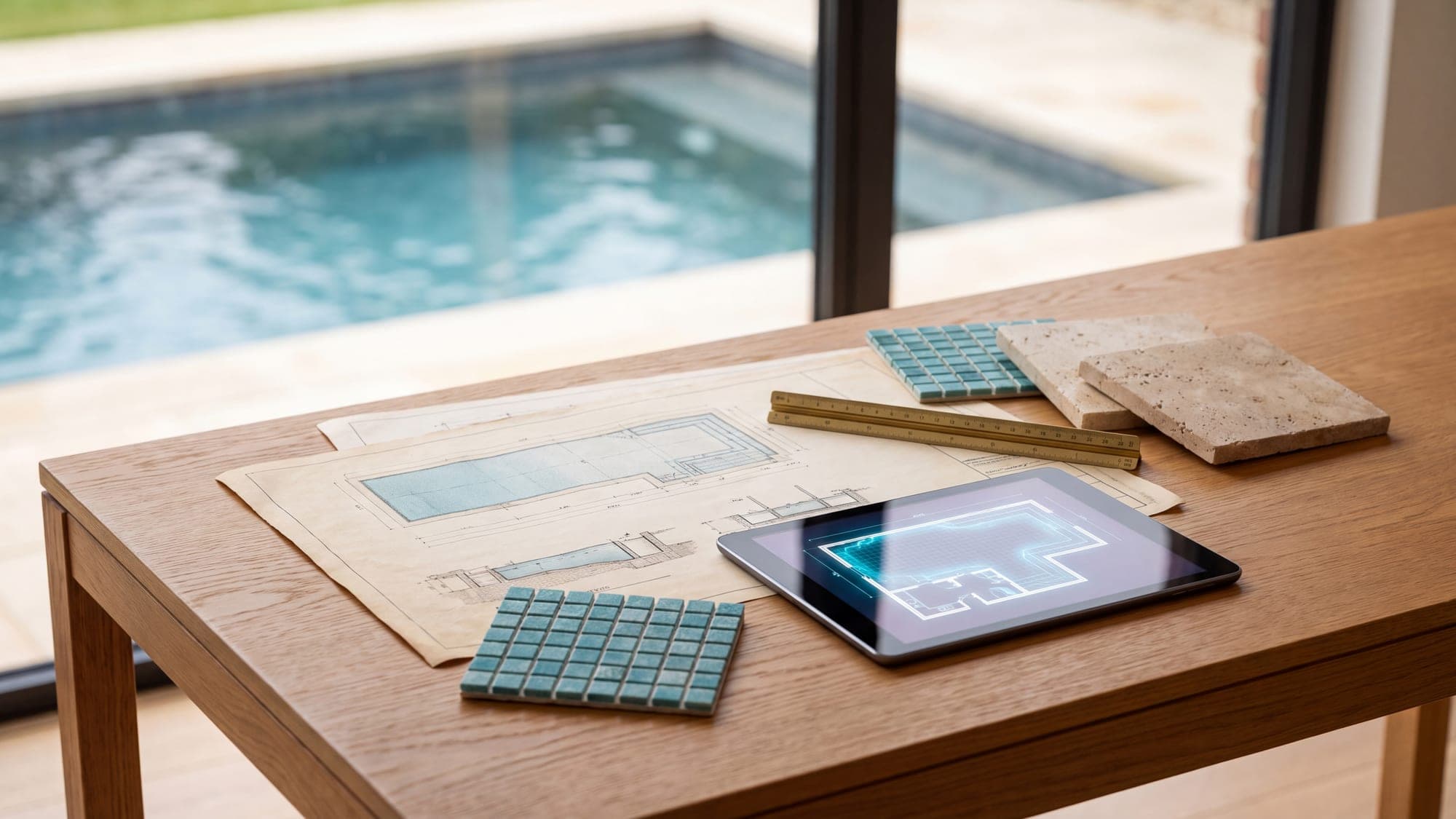Pool drawings, a scale rule and tile samples on a desk overlooking a pool.