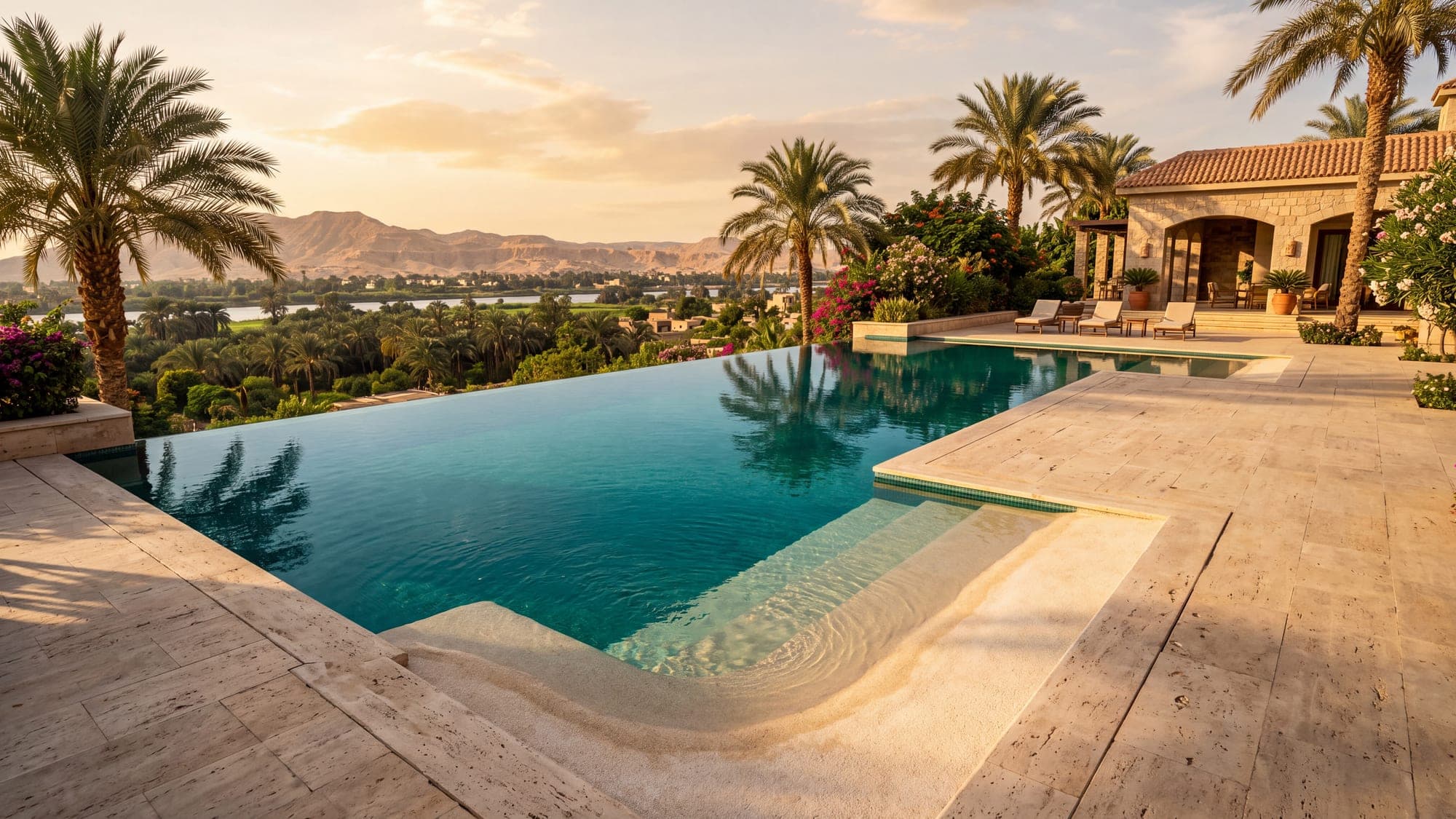 One pool showing a vanishing infinity edge and a graded beach entry together.