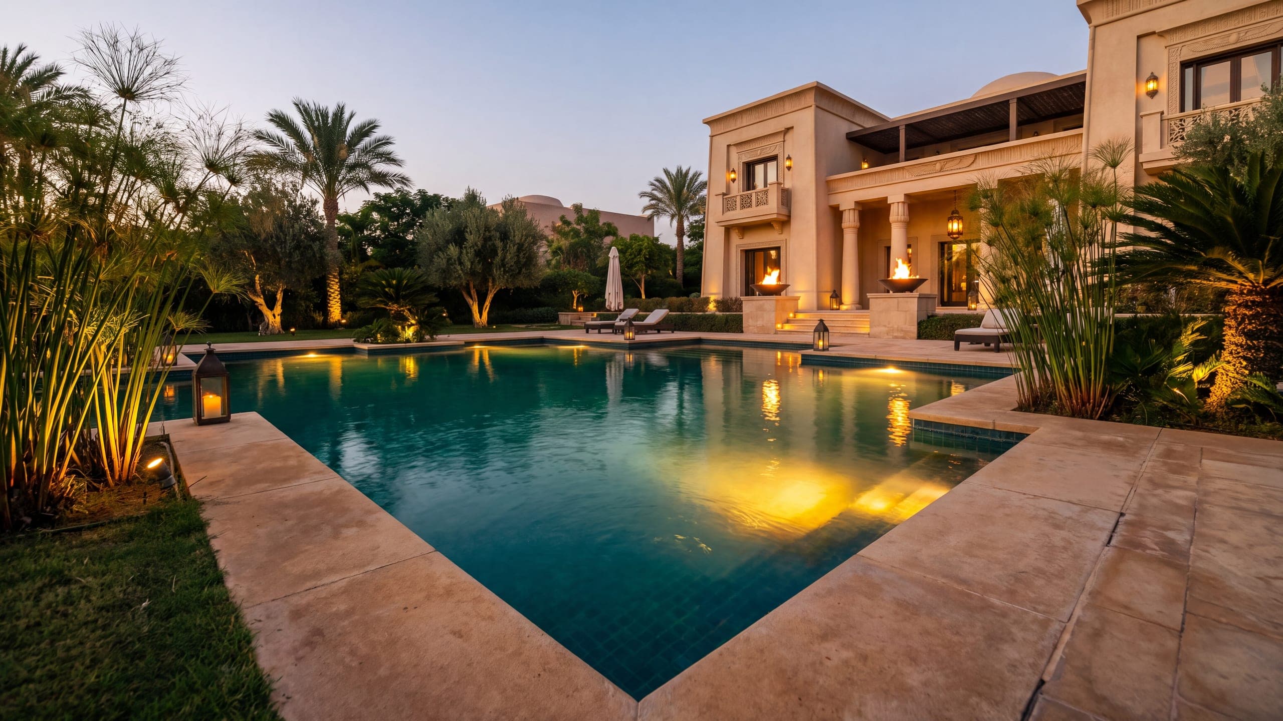 A villa pool at dusk under warm underwater and landscape lighting.