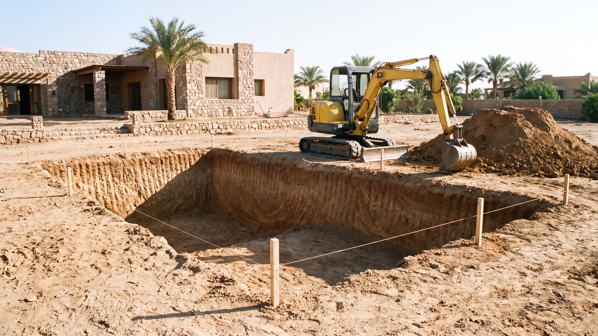 A pool excavation marked out with string lines at the start of a build.