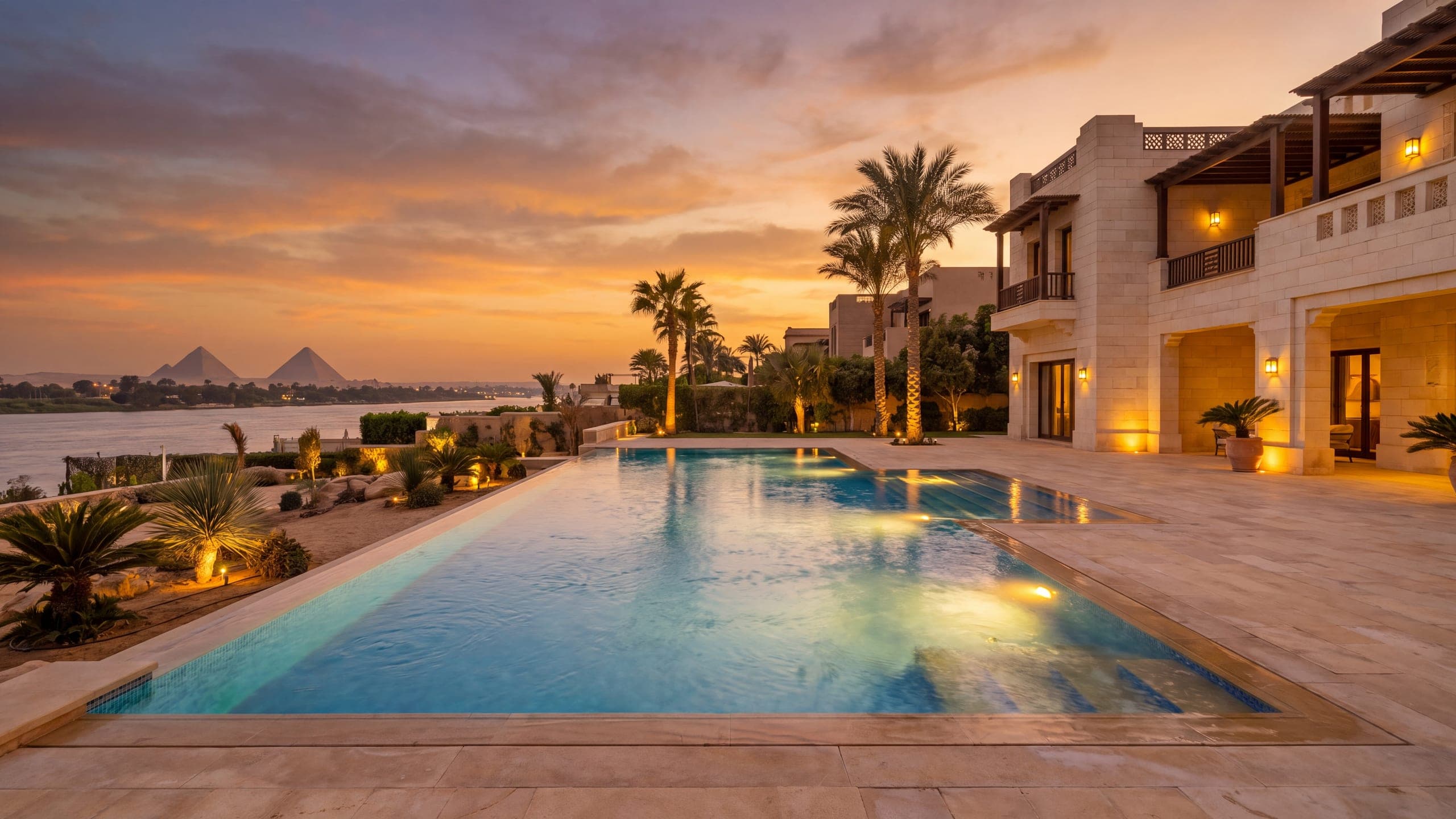 A completed luxury pool at dusk, water running over an infinity edge.