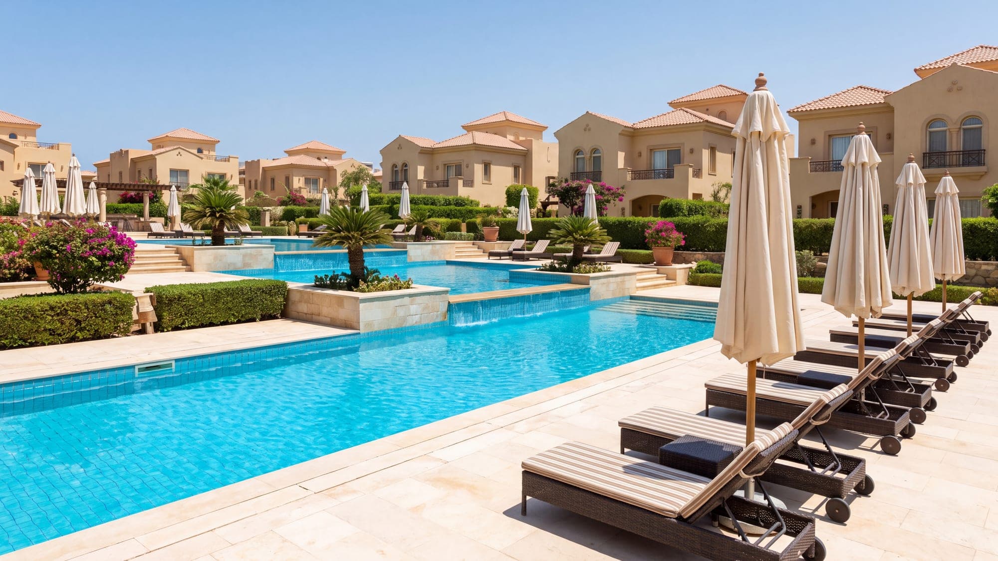 A compound pool at midday, loungers and parasols along the deck.