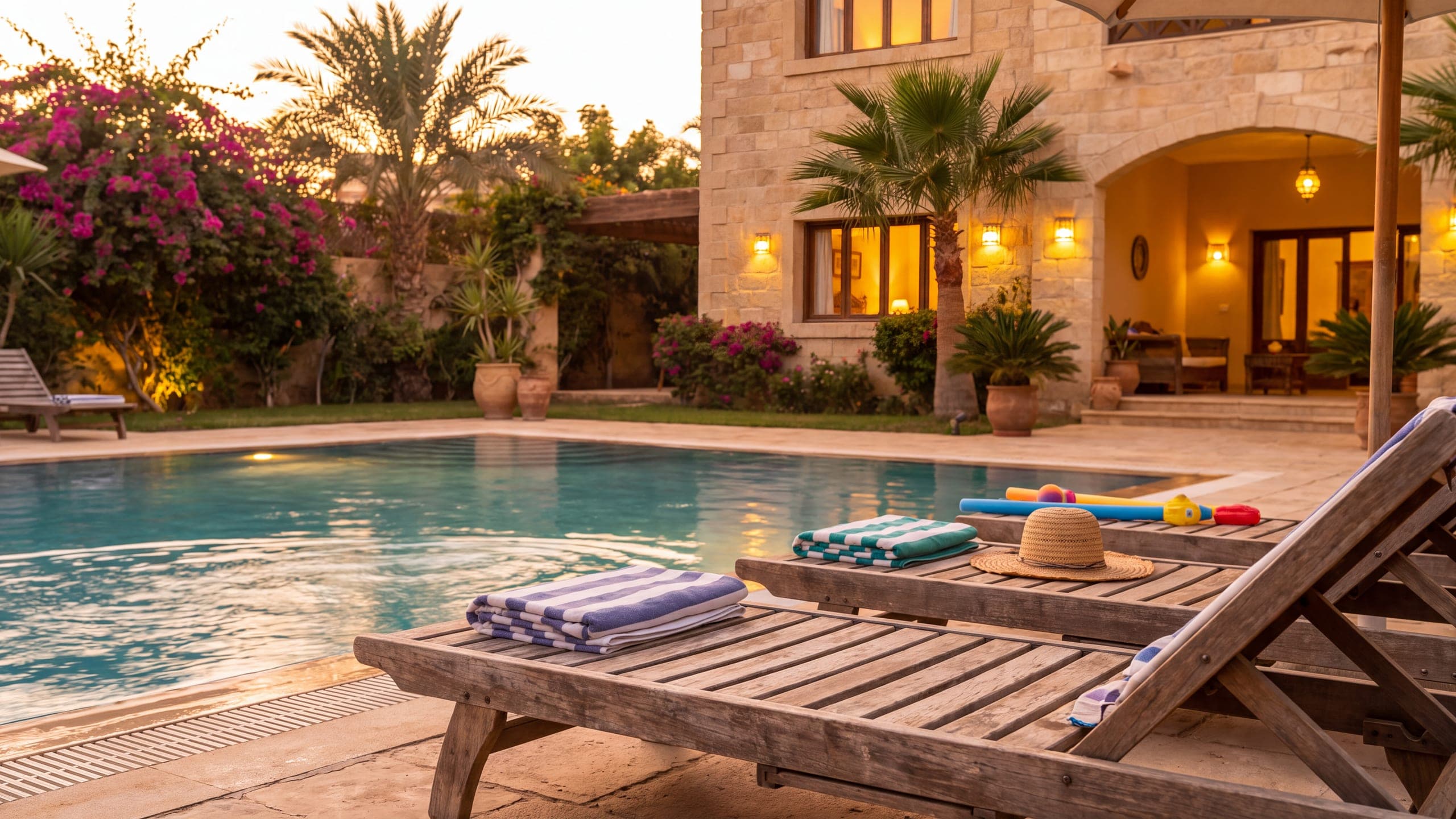 A family pool in warm evening light, towels folded on a lounger.