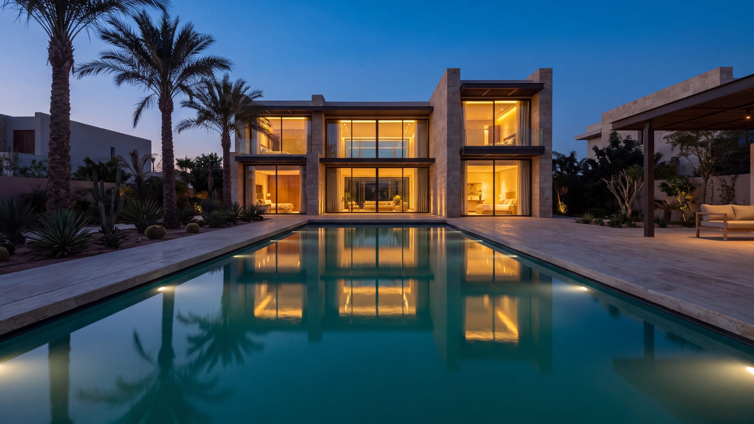 A finished villa pool at blue hour, holding the reflection of the house.