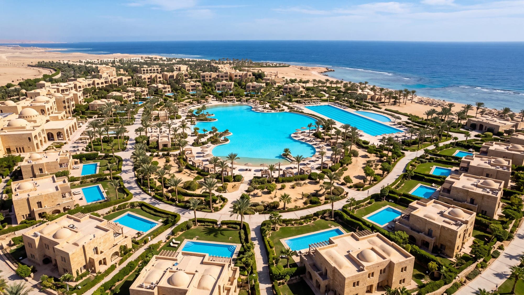 An aerial view of a resort with many completed pools across the site.
