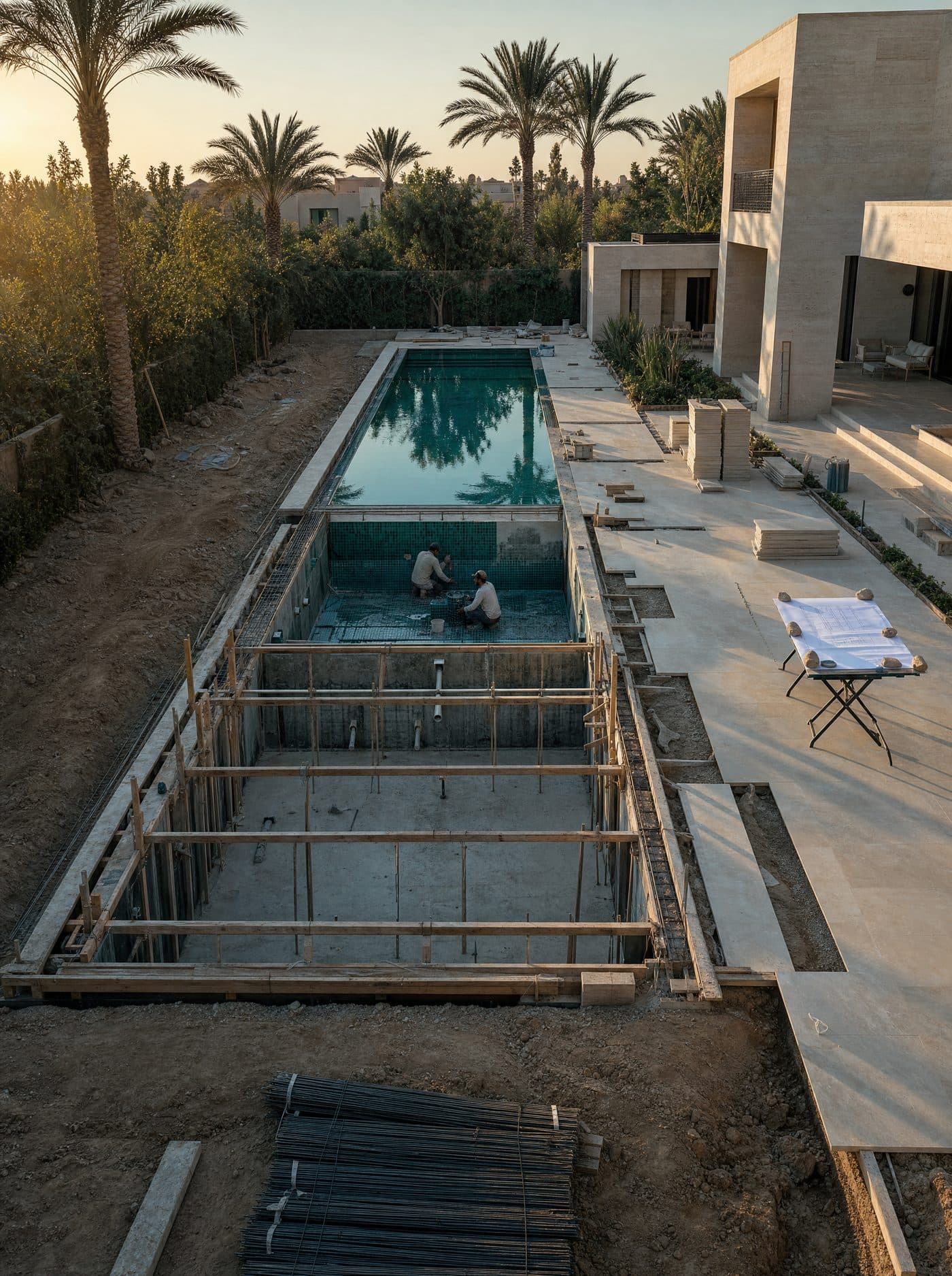 A high-angle view of an ARC pool build: reinforcement and shuttering at the near end, tilers setting mosaic mid-pool, the far end already finished and holding water