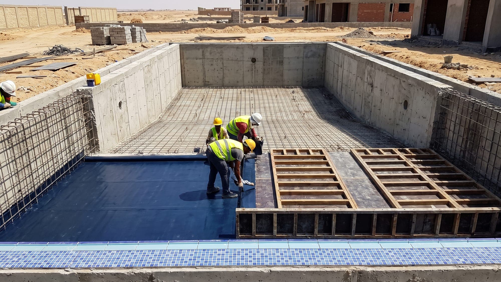 A pool shell under construction: reinforced concrete, rebar and waterproofing.