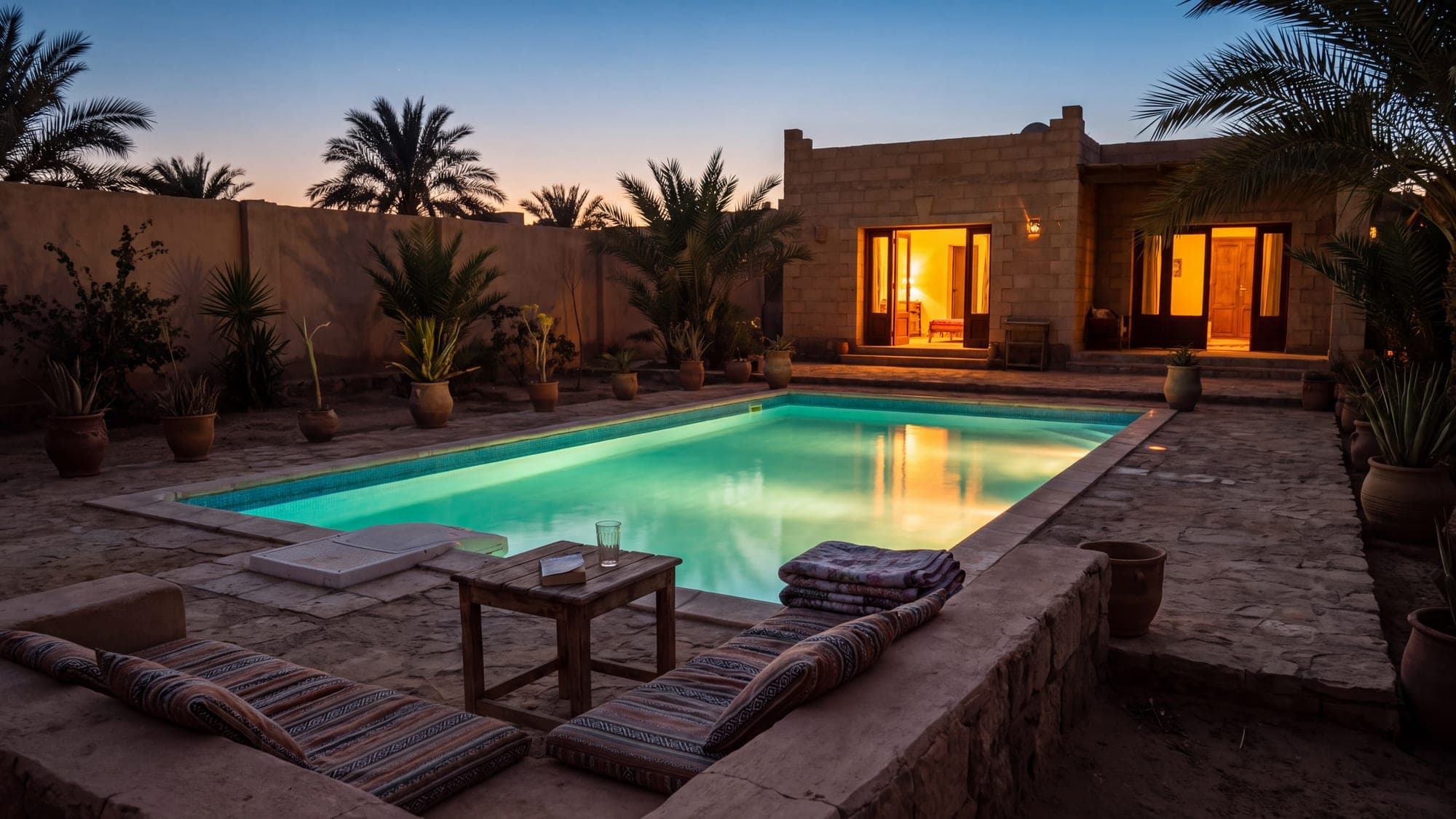 An inviting villa pool in warm evening light.