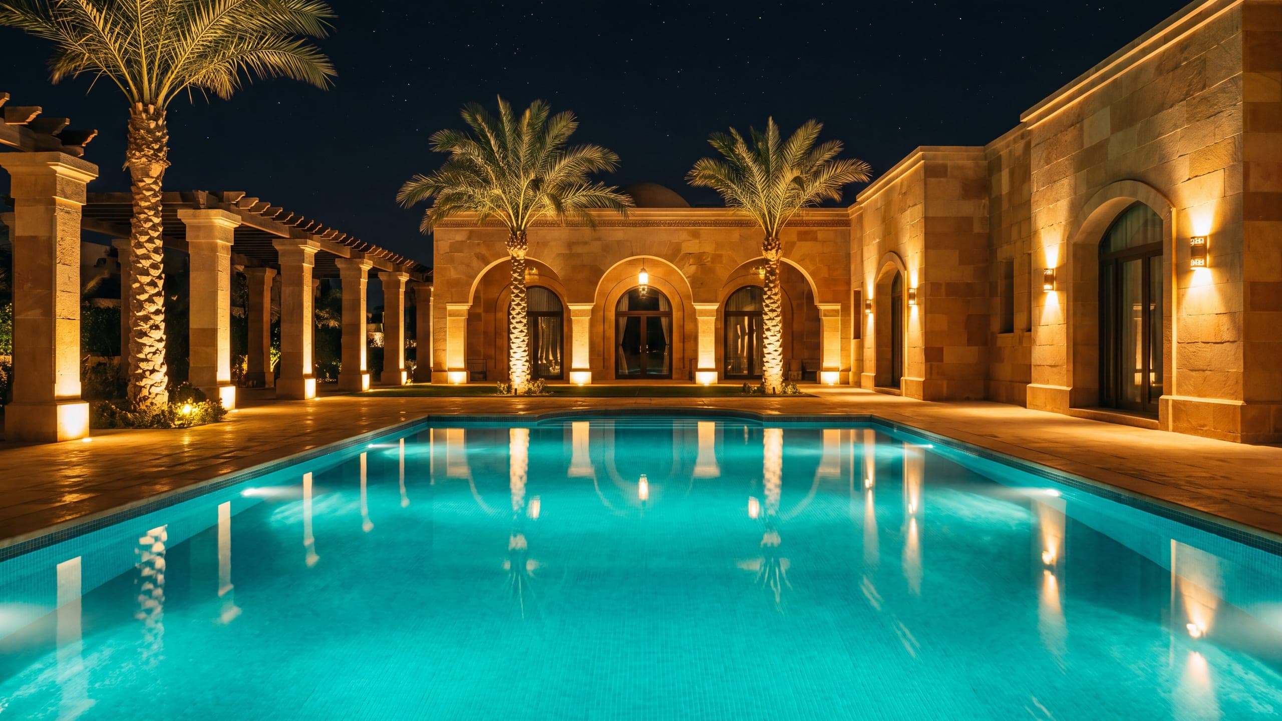 A pool at night, underwater lighting turning the water a luminous teal.