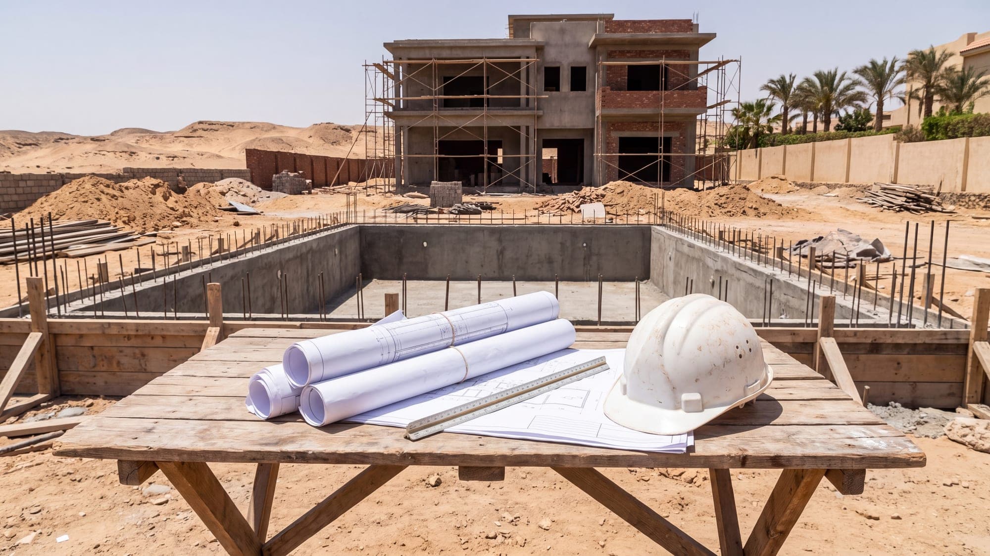 رسومات هندسية وخوذة أمان على طاولة بجوار حمام سباحة قيد الإنشاء.