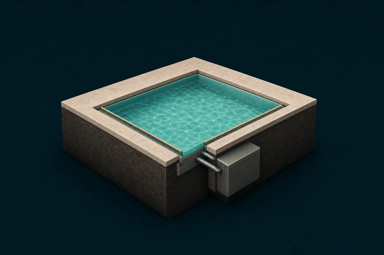 Cutaway diagram: a compact pool with a single packaged filtration unit mounted against the outside wall, with no buried plant room or balance tank