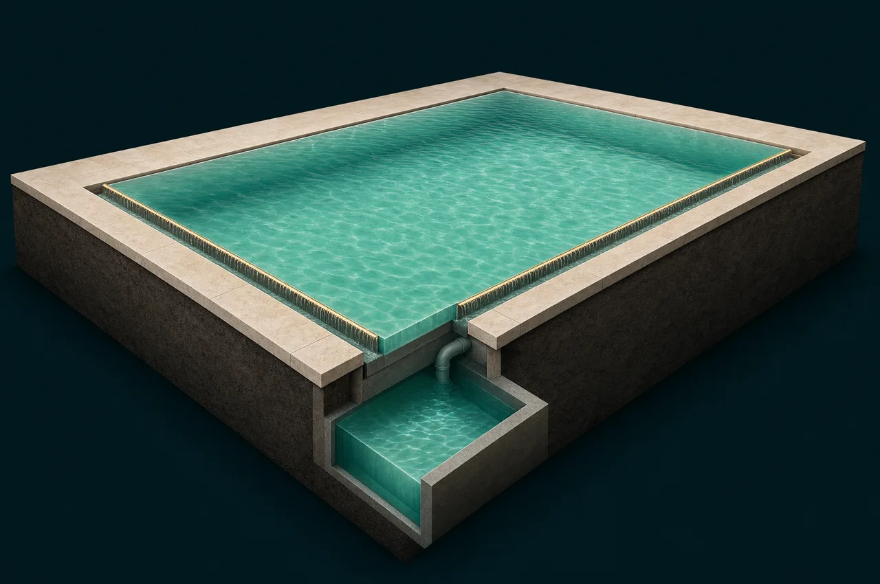 Cutaway diagram: water sits flush with the deck and spills over every edge into a perimeter channel, feeding a balance tank buried beneath
