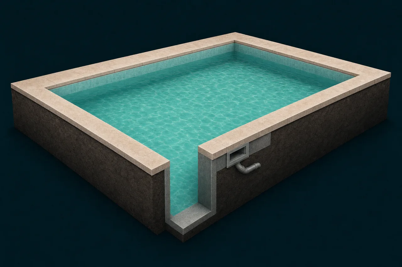 Cutaway diagram: water sits below the coping stone and is drawn off through a skimmer mouth set into the pool wall at the waterline